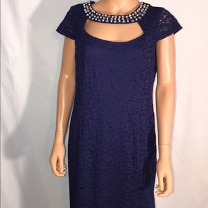 Navy Blue Dress W/Pearl Stud Neckline